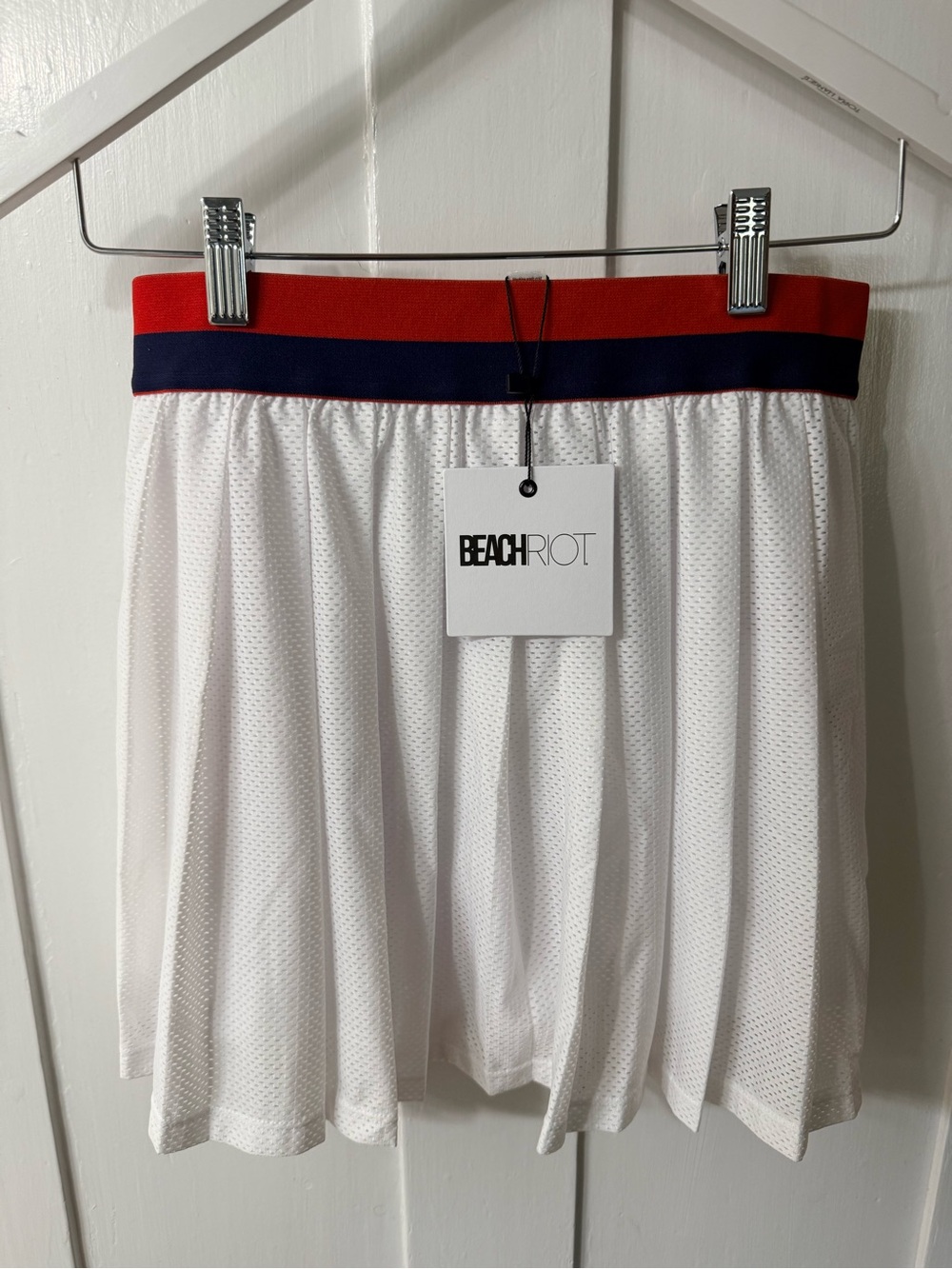 Beach Riot White Mesh Tennis Skirt with Red and Navy Waistband
